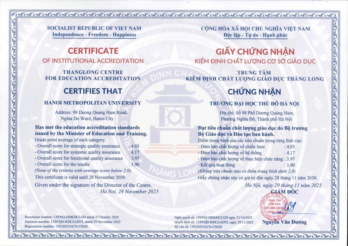 Trường Đại học Thủ đô Hà Nội đạt Chứng nhận Kiểm định chất lượng cơ sở giáo dục giai đoạn 2025–2030