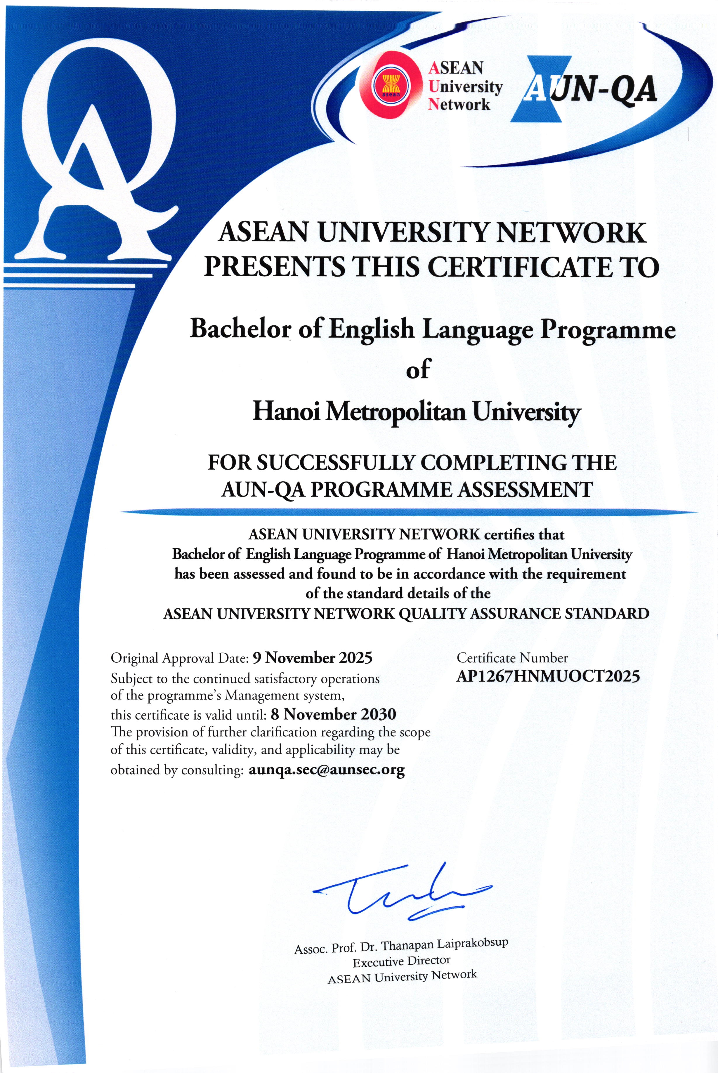 Giấy chứng nhận kiểm định chất lượng chuẩn AUN-QA ngành Ngôn ngữ Anh