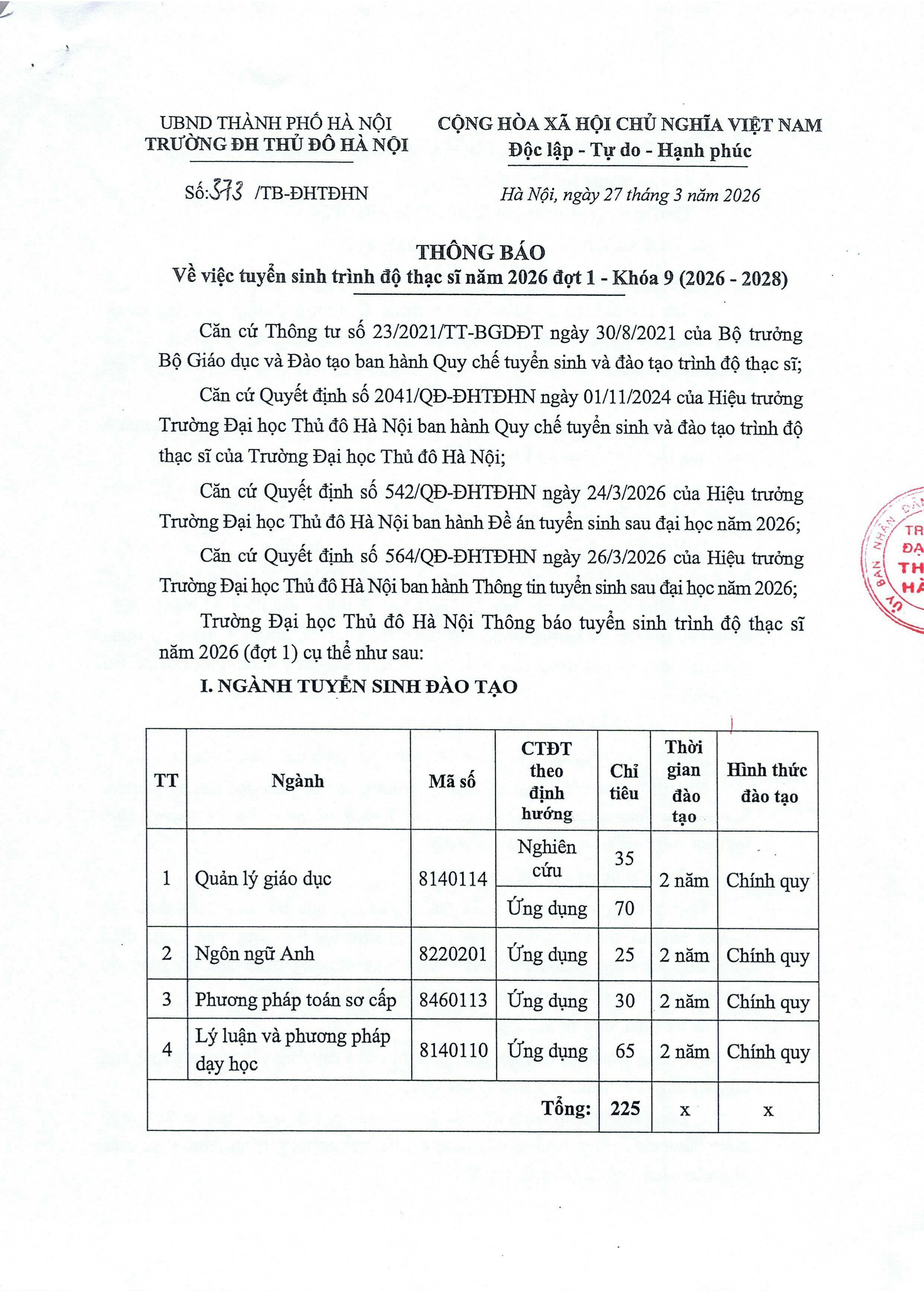 tuyển sinh trình độ thạc sĩ năm 2026