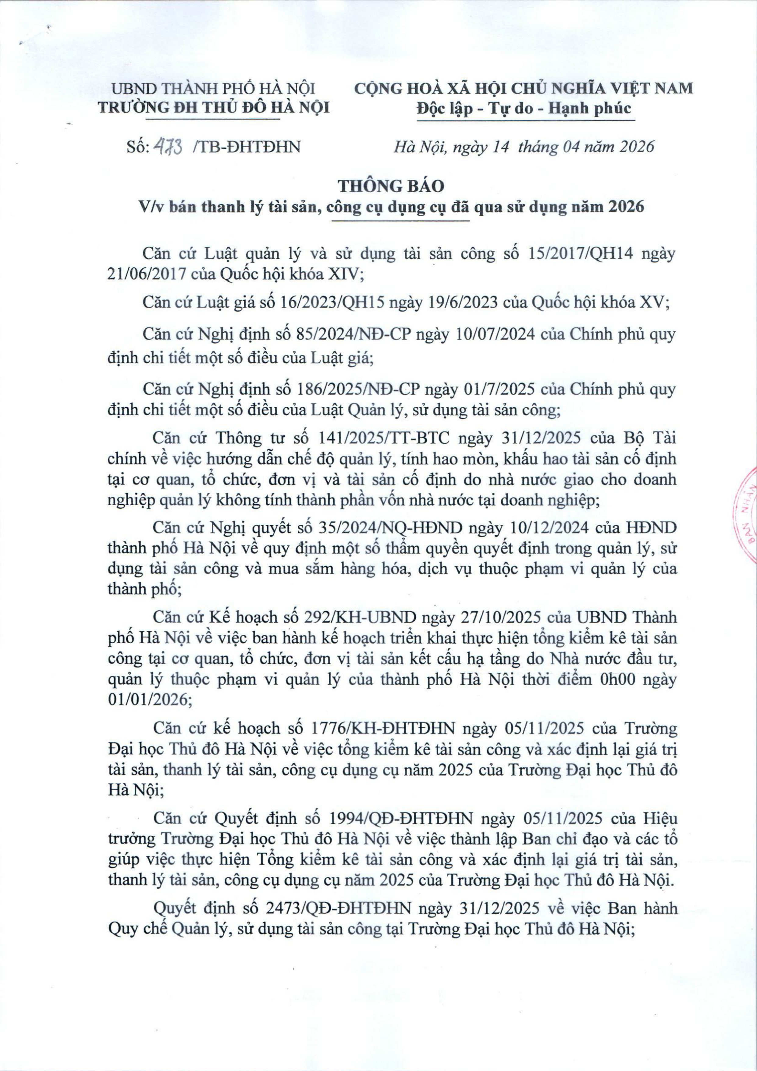 Thông báo bán thanh lý tài sản, công cụ dụng cụ đã qua sử dụng năm 2026