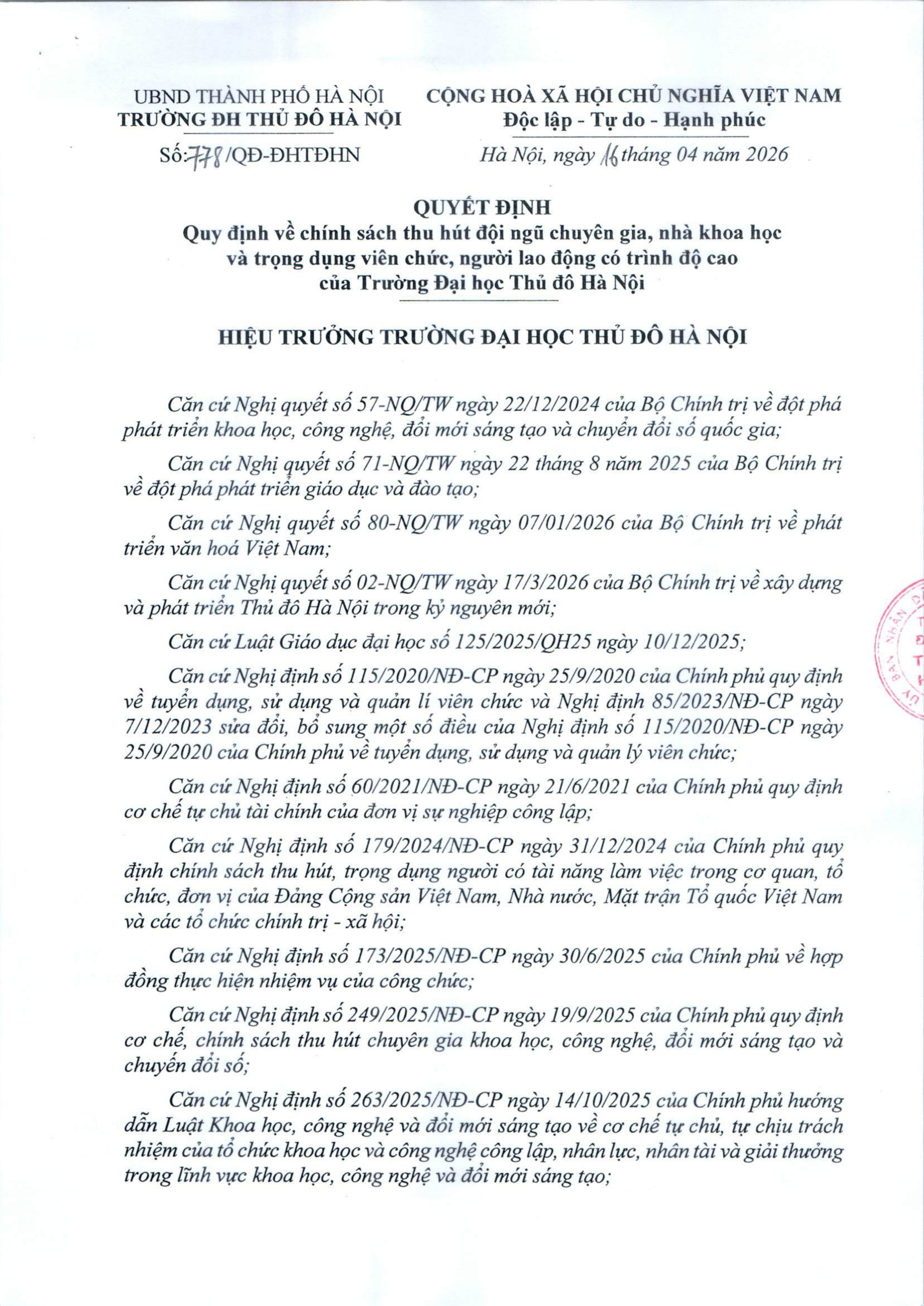 Quyết định về chính sách thu hút đội ngũ chuyên gia, nhà khoa học và trọng dụng viên chức, người lao động có trình độ cao của Trường Đại học Thủ đô Hà Nội