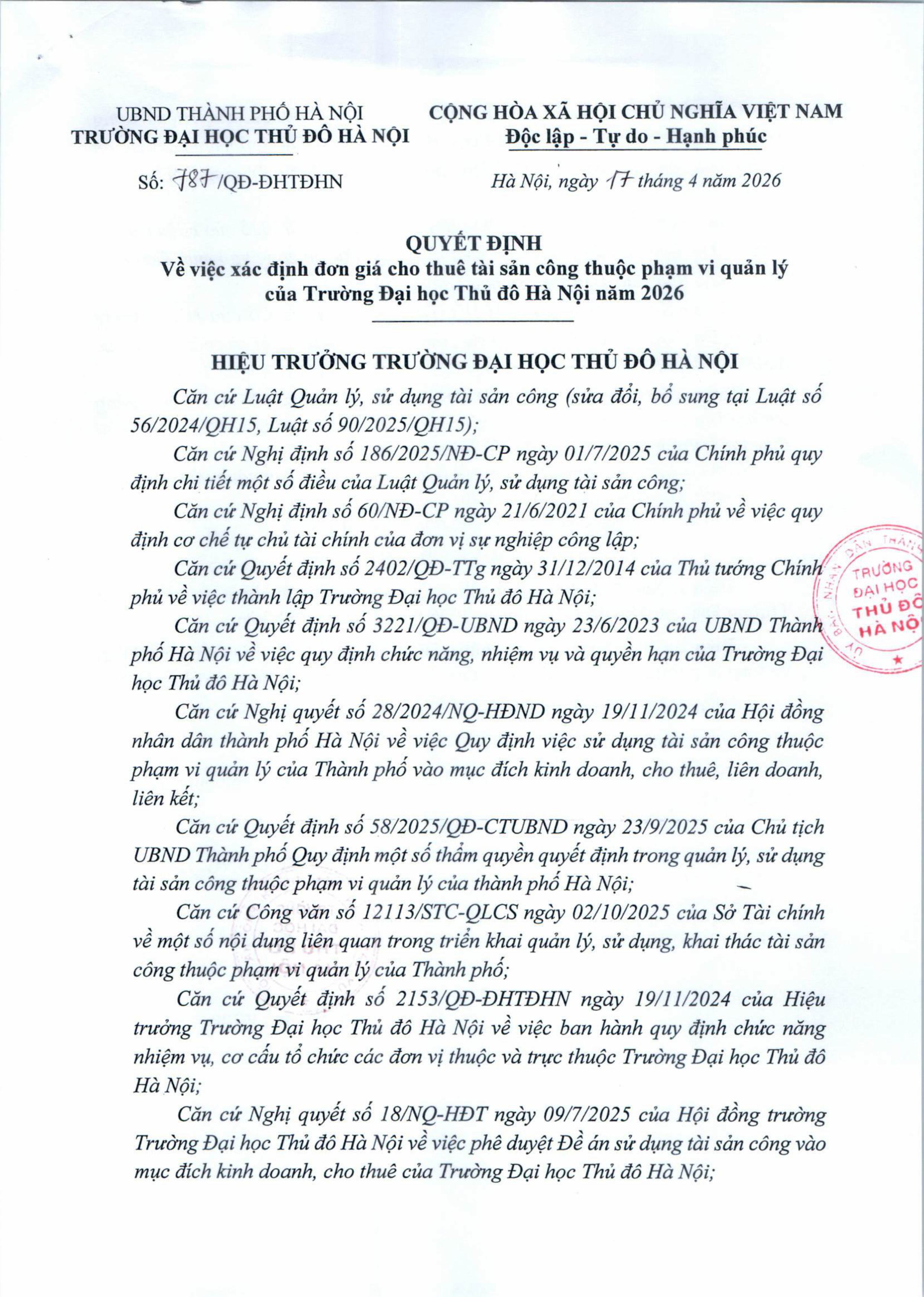Quyết định về xác định đơn giá cho thuê tài sản công thuộc phạm vi quản lý của Trường Đại học Thủ đô Hà Nội