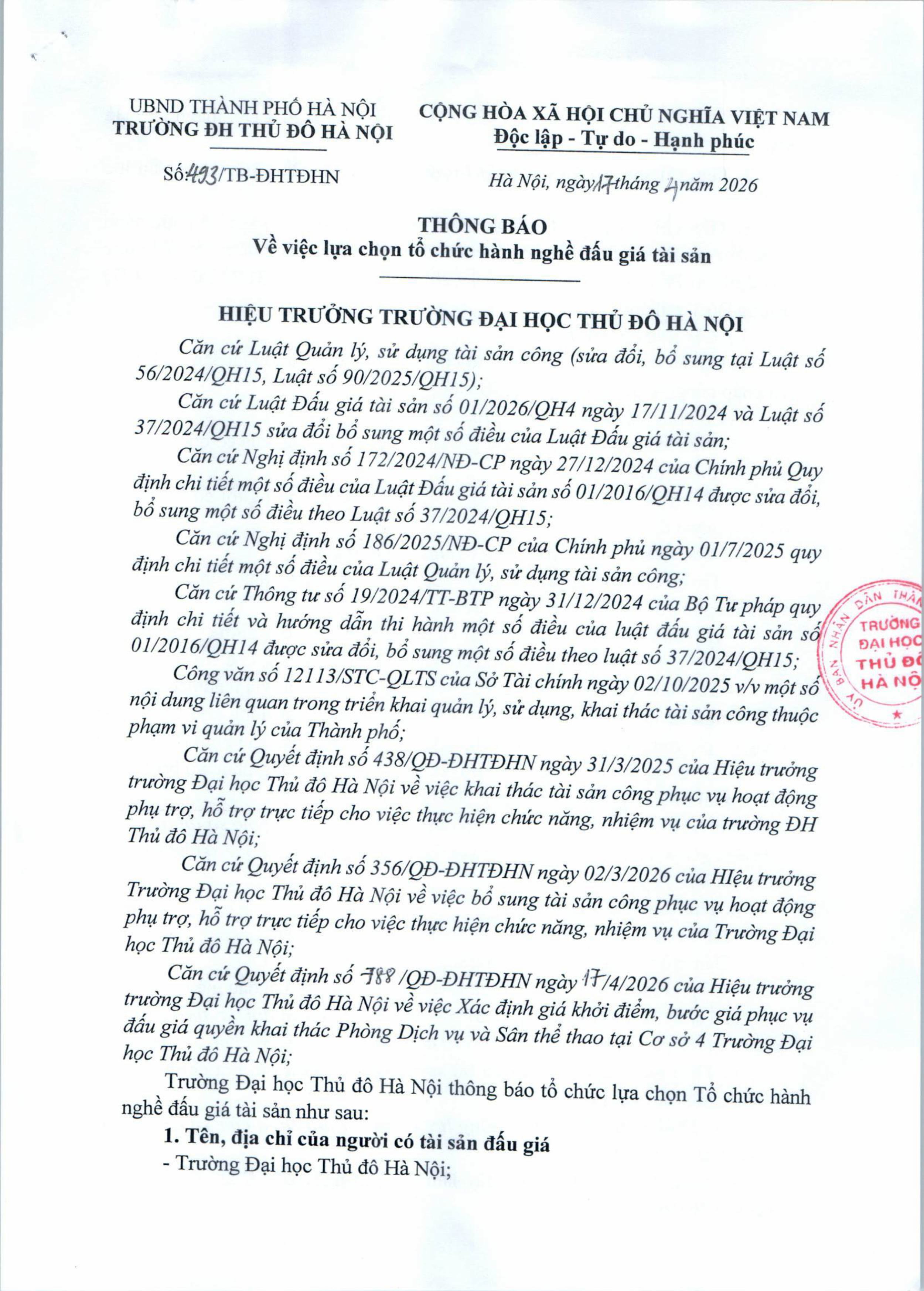 Thông báo về lựa chọn tổ chức hành nghề đấu giá tài sản