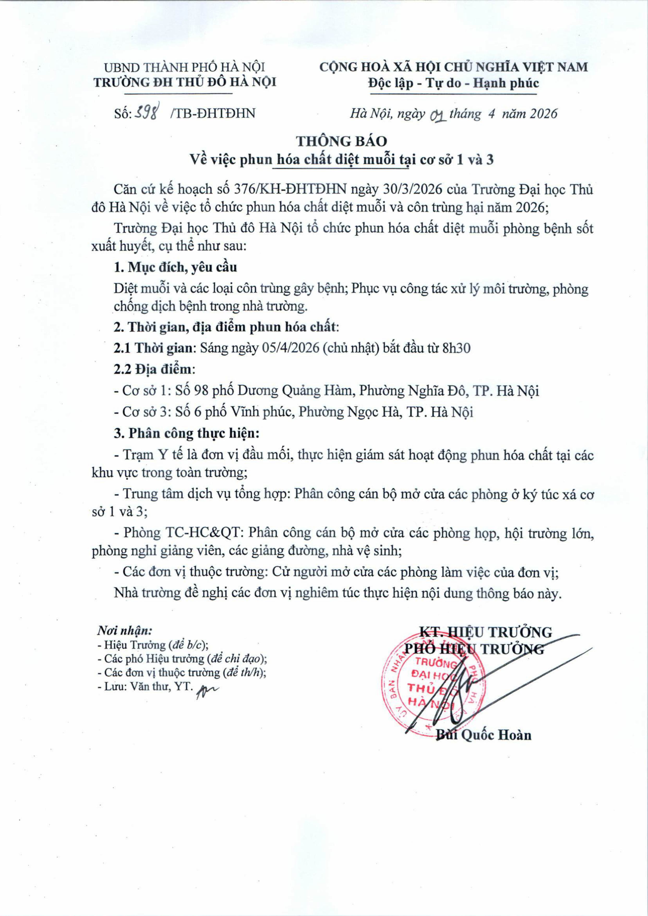 phun hóa chất diệt muỗi Đại học Thủ đô Hà Nội