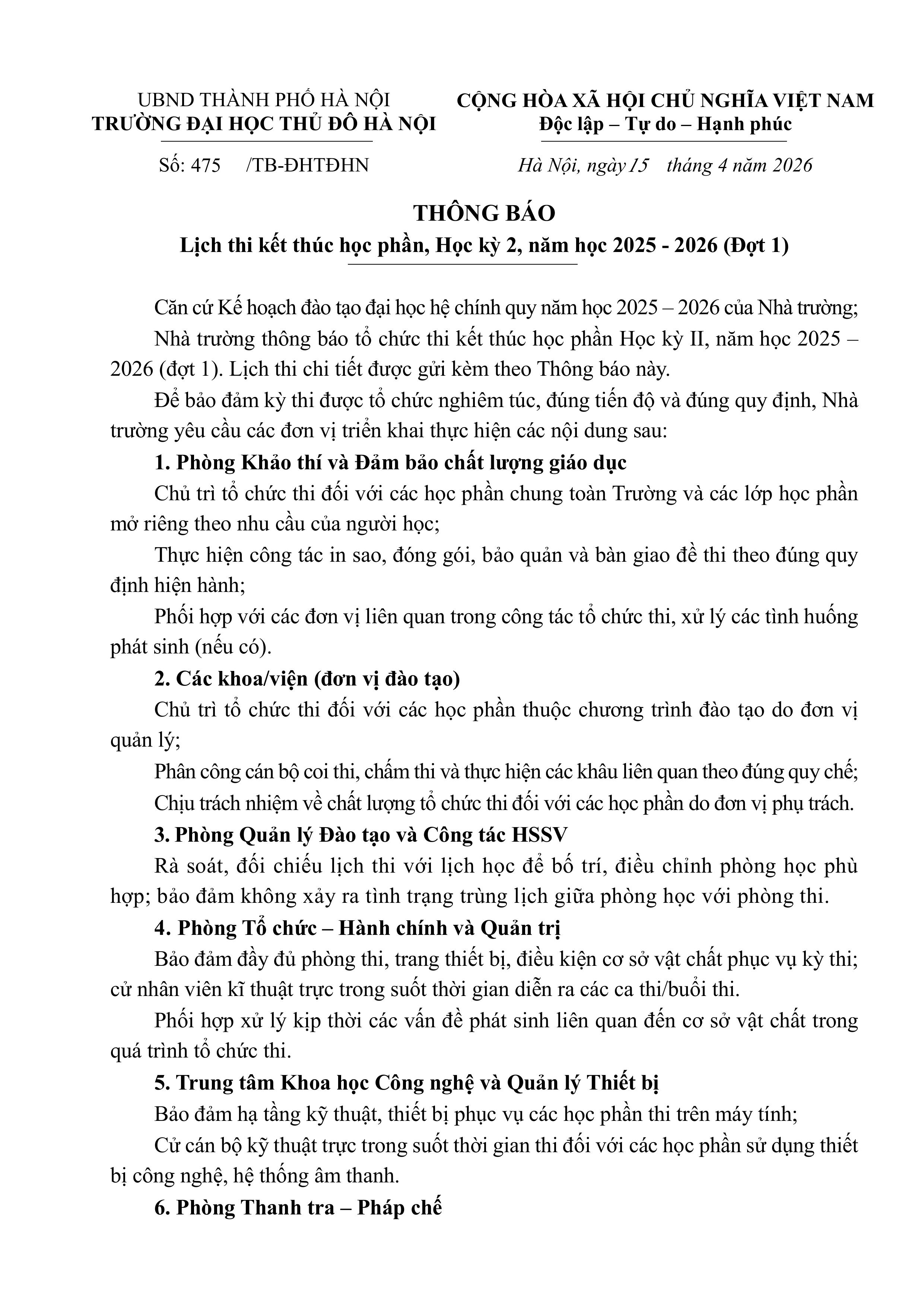 Thông báo Lịch thi kết thúc học phần, Học kỳ 2, năm học 2025 - 2026 (Đợt 1)